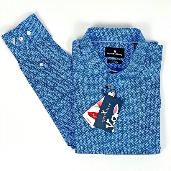 NWT Psycho Bunny Modern Fit Non-Iron Stretch Dress Shirt Floral Blue 15.5 32/33 - Picture 2 of 6